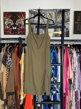 Babaton 90s Slit Satin Midi Dress Olive Green Square Neck Thigh Slit Size 8 New